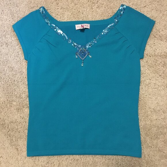 Pink Poodle Teal Mermaid Scale and Diamond Bead Cap Sleeve Top - Picture 11 of 16